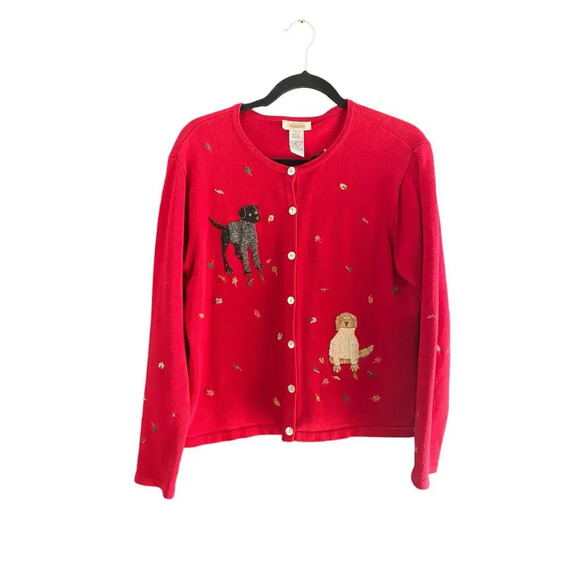 Vintage Talbots Red Embroidered dog Cardigan Sweater Size Medium - Picture 1 of 5